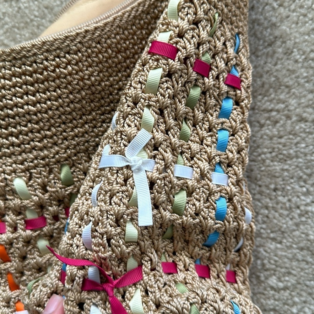 The Sak Y2K 90s Knit Crochet w/ Woven Ribbons Tan & Rainbow Purse. - Picture 8 of 10